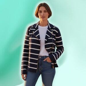 NWOT Chaps Navy Blue & White Striped Knit Moto Jacket Size Large